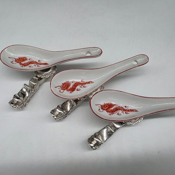 Japanese Porcelain Spoons With Silverplated Dragon Rest Design Set of 3 - Picture 4 of 9